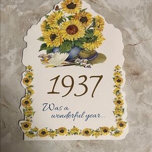 Sunflower 1937 Birthday card. Tri fold opening with white envelope.